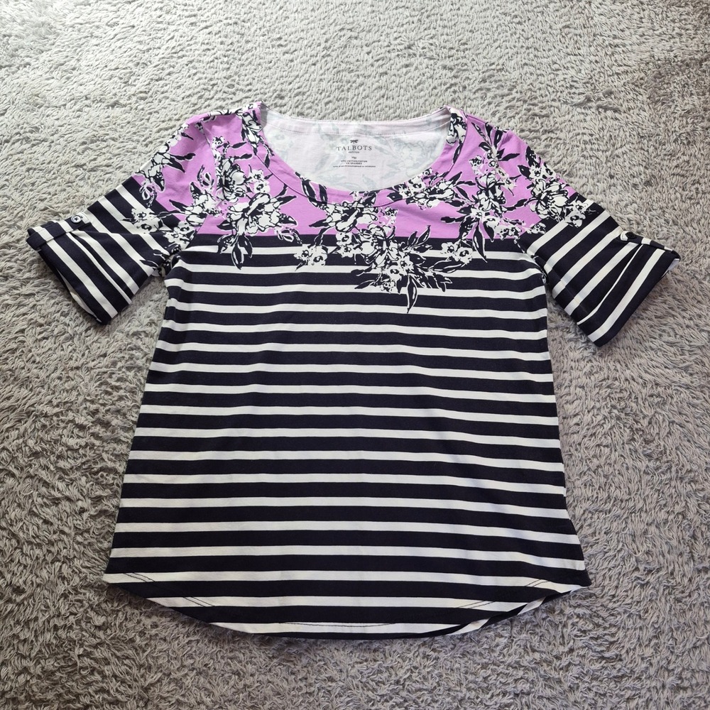 Talbots Floral Striped Top Womens Mp Petite Medium Purple Black Coastal Grandma